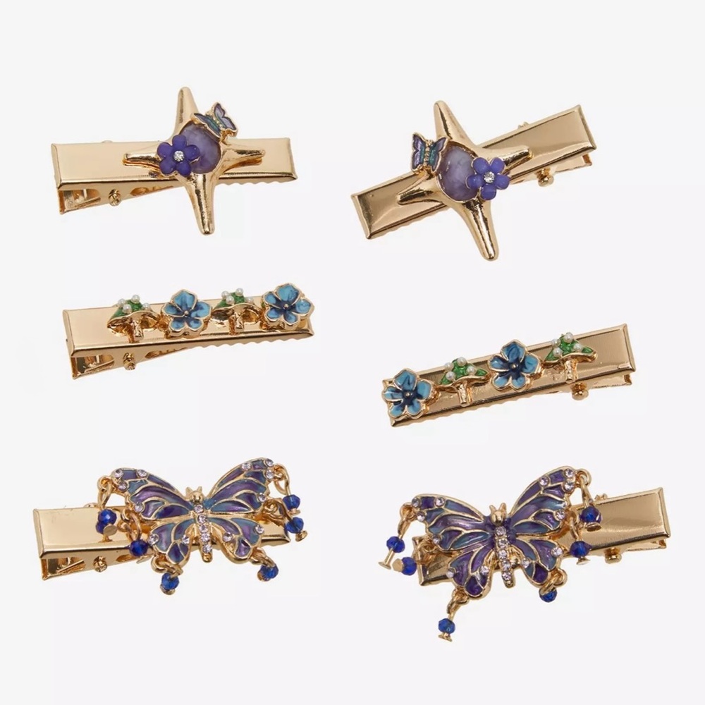 Hot Topic Thorn & Fable Star Butterfly Floral Gold & Purple 3 Pair Hair Clip Set